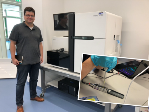 David gegen Goliath. Kann die DNA-Sequenzierung mit Nanoporen (kleines Bild) mit großen Sequenzierautomaten mithalten? Robert Leidenfrost sagt: ja. Fotos: Röbbe Wünschiers